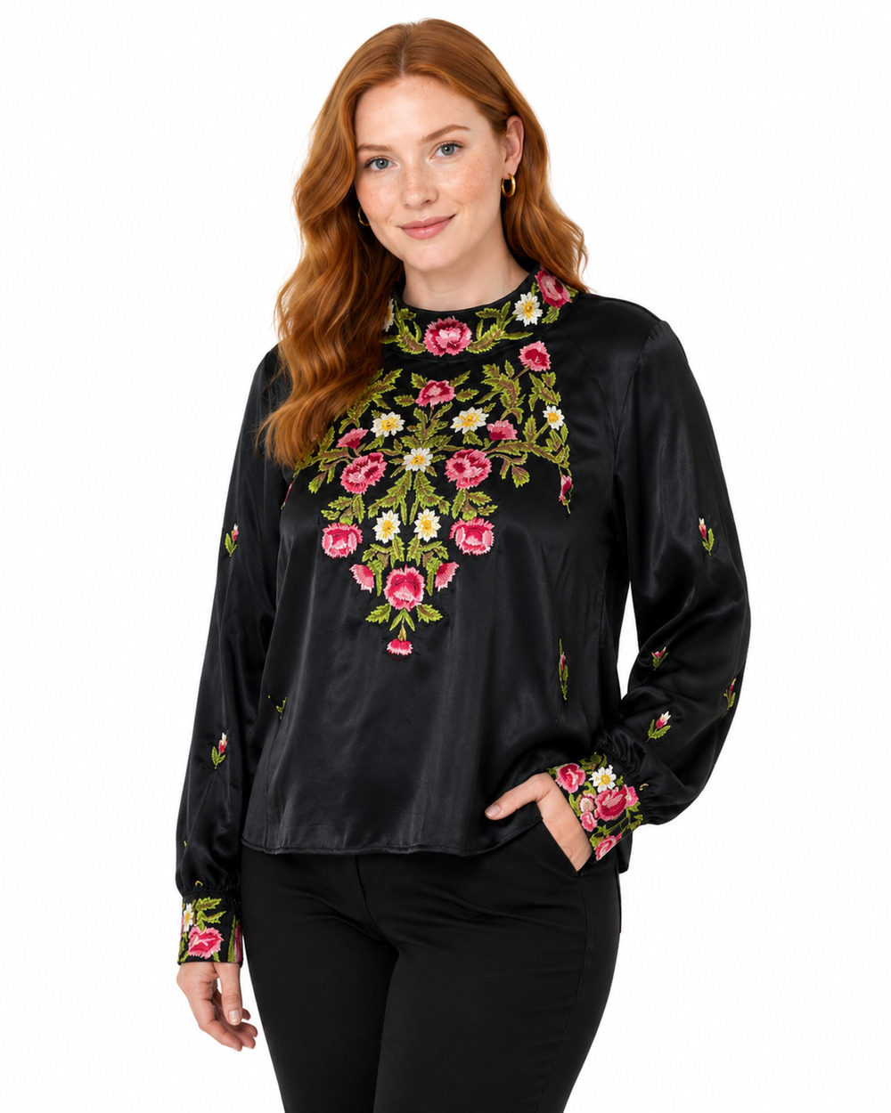 Free People Embroidered Satin Black Pink Puff Sleeve Top Blouse Shirt sz M